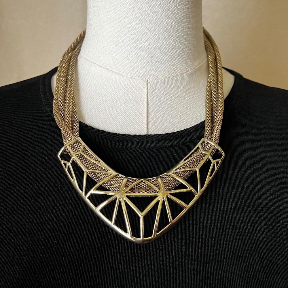 Vintage Graziano Italy Geometric Mesh Statement Bib Necklace Gold 16-19"
